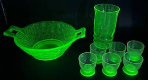 Vintage Uranium Glass Collection of Double Handled Woven Basket, Tumbler, and 6 Cordial Glasses