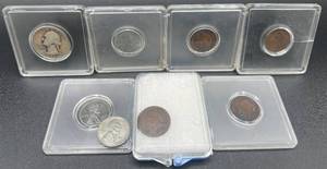 Collection of United States Coins-1936 Washington Quarter, 1943 Steel Pennies and 4 Indian Head Pennies