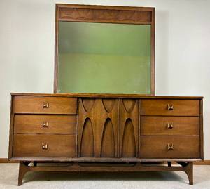 Broyhill Walnut Brasilia 9 Drawer Lowboy Dresser with Mirror