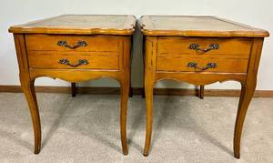 Pair of Vintage Hammary French Provincial Accent Side Tables with Inlayed Leather Top & Front Drawer