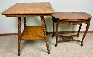 Antique Victorian-Era Parlor Table and French Style Kidney Shaped Accent Table