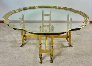 Vintage Scalloped Brass and Glass Coffe Table with Hoofed Feet