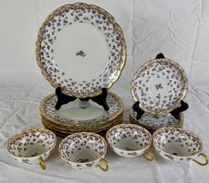 Jean Pouyat J.P.L. Fine Porcelain Plates and Teacup Set  from Limoges France -Late 19th Century