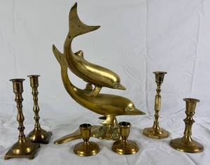Vintage Brass Collection - Dolphin Sculpture and 6 Candleholders