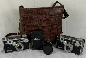 Vintage Camera Bundle - Argus C3 35mm Cameras, Kalimar CdS 31 Light Meter and Vintage Soligor F4.5 F-135 Lens in Vintage Alligator Case