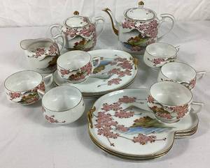 Hand Painted Japanese Sakura Cherry Blossoms with Landscape Design Tea Set