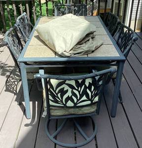 Heavy Duty Tile Table Top Patio Set with 6 Chairs, Cushions plus Cover