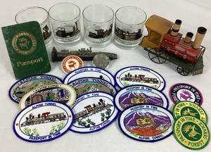 Railroad Bundle of Glasses, Patches, Decorative Spike and Locomotive