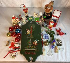 Vintage Christmas Collection - Contains Glad Yule Wall Hanging, 3 Shiny Brite Ornaments, 22 Vintage Ornaments, Sleigh Bell, Santa and Moose Figurine, and Scandanavian Santa