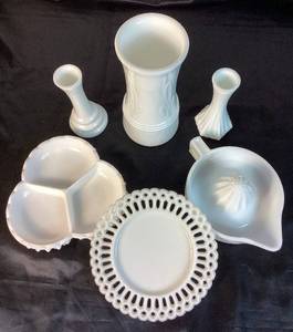 Vintage Milkglass Collection - Includes Large Flower Vase, 2 Small Bud Vases, Sectioned Relish Dish, Small Plate, Juicer