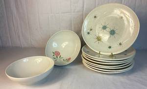 8 Vintage Franciscan 10.75 Atomic Starburst Dinner Plates & 2 Pink-A-Dilly Franciscan Whitestone Wear 8 Serving Bowls