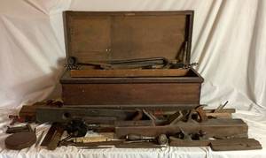 Antique Woodworking Tools in Wooden Tool Box