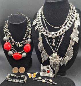 Silver Tone Necklace, Bracelet and Pins Bundle