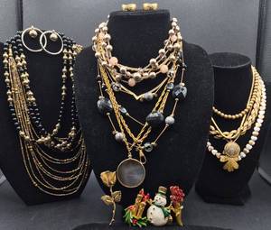 Vintage Gold Tone Necklaces with Earrings & Pins