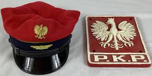 Vintage Cast Iron PKP Polish State Railwways Locomotive Plaque and Polish State Railways (PKP) Station Masters Cap