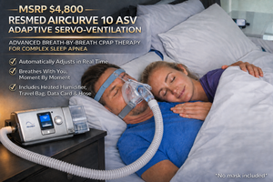 MSRP $4,800 RESMED AIRCURVE 10 ASV ADAPTIVE SERVO-VENTILATION CPAP MACHINE ADVANCED BREATH-BY-BREATH SLEEP THERAPY SYSTEM FOR COMPLEX SLEEP APNEA, COLOR DISPLAY, HEATED HUMIDIFIER WCARRY BAG, DATA CARD, POWER SUPPLY, & HOSE -NO MASK -WORKS EXCELLENT