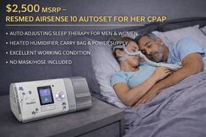 MSRP $2,500  RESMED AIRSENSE 10 AUTOSET FOR HER CPAP  AUTO-ADJUSTING SLEEP THERAPY FOR MEN & WOMEN, HEATED HUMIDIFIER, CLIMATELINE HEATED HOSE, MASK, CARRY BAG & POWER SUPPLY  EXCELLENT WORKING CONDITION