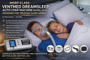 MSRP $1,450 (APPEARS NEWNEVER USED) VENTMED DREAMSLEEP AUTO CPAP MACHINE (MODEL DS-6) ADVANCED SLEEP APNEA THERAPY DEVICE WITH HEATED HUMIDIFIER WATER TANK, NEW TUBING, NEW POWER CORD &amp TRAVEL BAG - ULTRA QUIET, TESTED - NO MASK INCLUDED