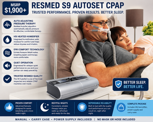 MSRP $1,900 RESMED S9 AUTOSET CPAP, INDUSTRY LEADING AUTOSET ALGORITHM, AUTO ADJUSTING PRESSURE THERAPY, H5i HEATED HUMIDIFIER, EPR COMFORT TECHNOLOGY, QUIET OPERATION, EASY-TO-USE DESIGN, MANUAL, CARRY CASE, POWER SUPPLY, NO MASKHOSE - EXCELLENT