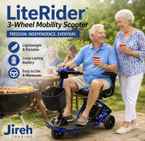 MSRP $2,800 GOLDEN LITERIDER 3-WHEEL MOBILITY SCOOTER, 300LB CAPACITY, UP TO 12 MILE RANGE, 5MPH SPEED, DELTA TILLER ONE-HAND STEERING, EASY PORTABLE DISASSEMBLY, SWIVEL SEAT, ADJUSTABLE ARMRESTS, CHARGER, SOME SCUFFING TO BASE FRAME - WORKS GREAT