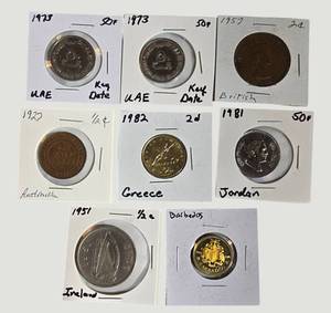 Vintage World Coin Collection Lot of 7  Great Britain, Australia, Ireland, UAE, Greece, Jordan & Barbados