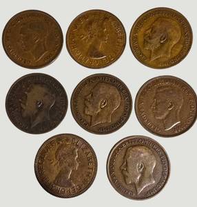 Vintage Great Britain Penny Coin Collection  8 British Coins Featuring George V, George VI & Elizabeth II