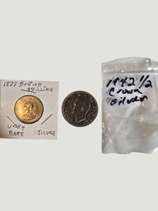 Vintage British Silver Coin Collection  1887 Shilling & 1942 Half Crown