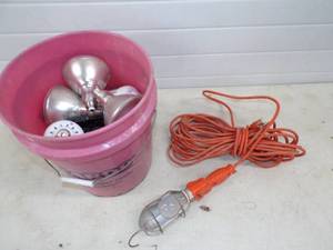 Work Light and Pail of Led Light Bulbs