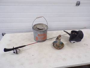 Vintage Minnow Bucket, rod and reel, anchor and Boat Motor Prop