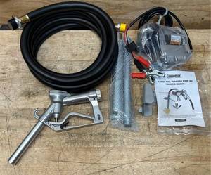 Roughneck 12V Diesel Fuel Transfer Pump, 8 GPM, Manual Nozzle, Hose