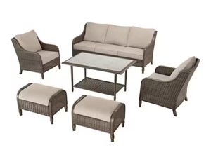 Windsor 6-Piece Brown Wicker Outdoor Patio Conversation Seating Set with Cushion Guard Biscuit Tan Cushions MSRP $1499