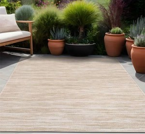 Linea Beige 8 ft. x 10 ft. Rubber Back Washable Modern Striped Indoor Outdoor Patio Area Rug