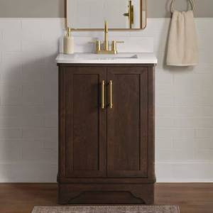 Eastwood 25 in. Single Sink Dark Walnut Bath Vanity with Carrara White Engineered Stone Top (Assembled) Msrp $329.00