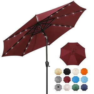 Sun-Ray 9 FT 32 LED Patio Solar Umbrella w Push Button Tilt and Crank Outdoor Umbrella, 8 Sturdy Ribs, UV Protection, Solution-Dyed Fabric, Burgundy
