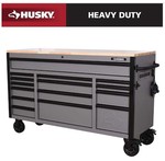 ^HUSKY Heavy Duty 61 in. W x 23 in. D 15-Drawer Matte Gray Mobile Workbench Cabinet with Solid Wood Top- MSRP $998
