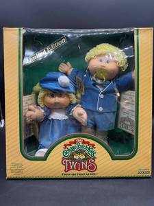 Cabbage Patch Kids - Coleco - 1985 - Twins - Boy & Girl - Braided Pigtails - Shag - Lemon Hair - Blue Eyes - Dimples and one Pacifier