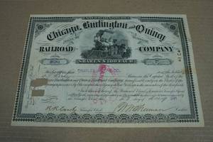 Antique Chicago, Burlington & Quincy Railroad Company Stock Certificate