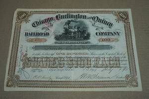 Antique Chicago, Burlington & Quincy Railroad Company Stock Certificate