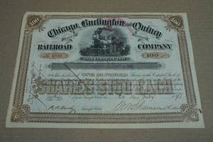 Antique Chicago, Burlington & Quincy Railroad Company Stock Certificate