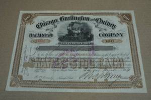 Antique Chicago, Burlington & Quincy Railroad Company Stock Certificate