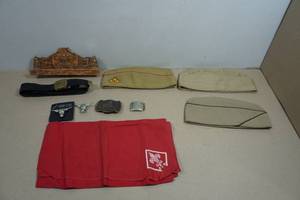 Vintage Cub Scout Hats and Boy Scouts Neckerchief and Belt Buckles