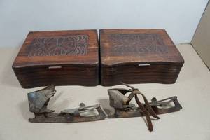 Antique Art Deco Wooden Boxes and Ice Skates