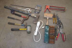 Assorted Tools - Axe, Hammers, Sockets, Caulk Gun