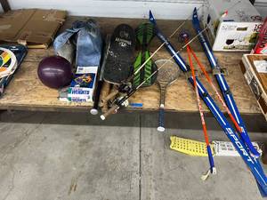 Large Lot of Sporting Goods - Skateboards - Bowling Balls - Skis And More