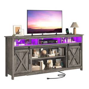 Espafurni - Farmhouse TV Stand for 80 inch TVs, Rustic Entertainment Center TV Cabinet Stands with Power Outlets and LED lights - Gray