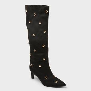 Brand New - BLACK SUEDE GOLD DOME STUD KITTEN HEELED BOOTS Size 7.5