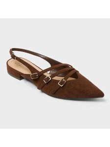 Brand New - A New Day Womens Brown Multi Strap Visit  Buckle Pointed Toe Slingback Flats Size 6.5