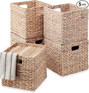 Best Choice Products 12x12in Pack of 5 Cube Storage Baskets, Water Hyacinth Multipurpose Collapsible Organizers, Handwoven Laundry Totes for Laundry, Living Room, Kids Room & Nursery - White