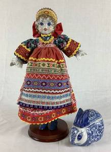 Vintage Russian Serbian Doll with Porcelain Face, Hands & Boots Plus Porcelain Rabbit Trinket Box