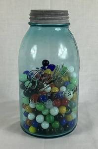 Aqua Blue Ball Perfect Mason Jar with Vintage Marbles including 10 Uranium Marbles